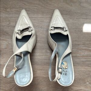 BCBG Cream Mules with Pointed Toe and Embellishment